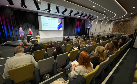 The stage, with the co-chairs presenting, and the attendees, taken from the back of the lecture theatre	